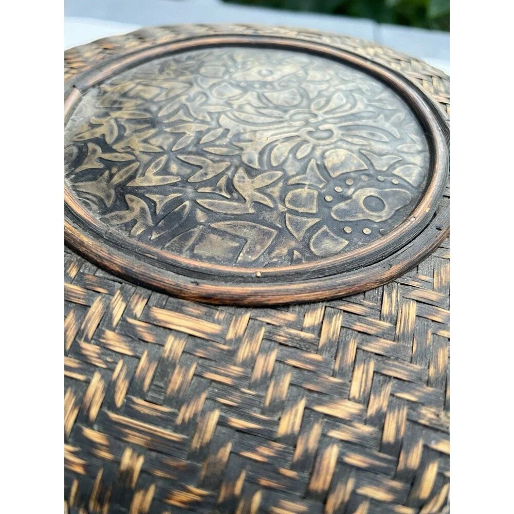 1900 Chinese 2-Tier Woven Bamboo Wedding Basket Metal Floral Medallion